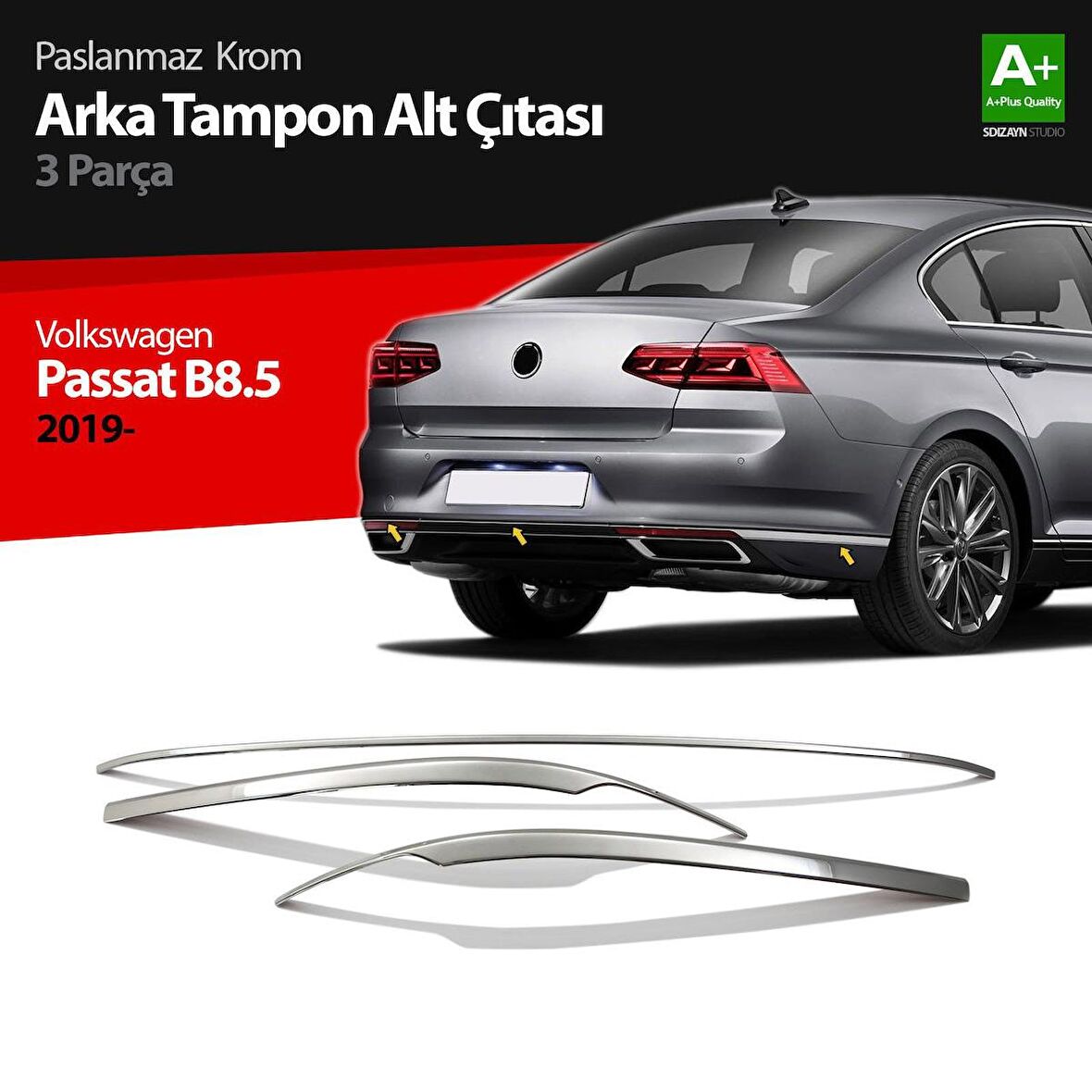 Volkswagen Passat B8.5 Krom Arka Tampon Alt Çıtası 3 Parça 2019 Ve Üzeri