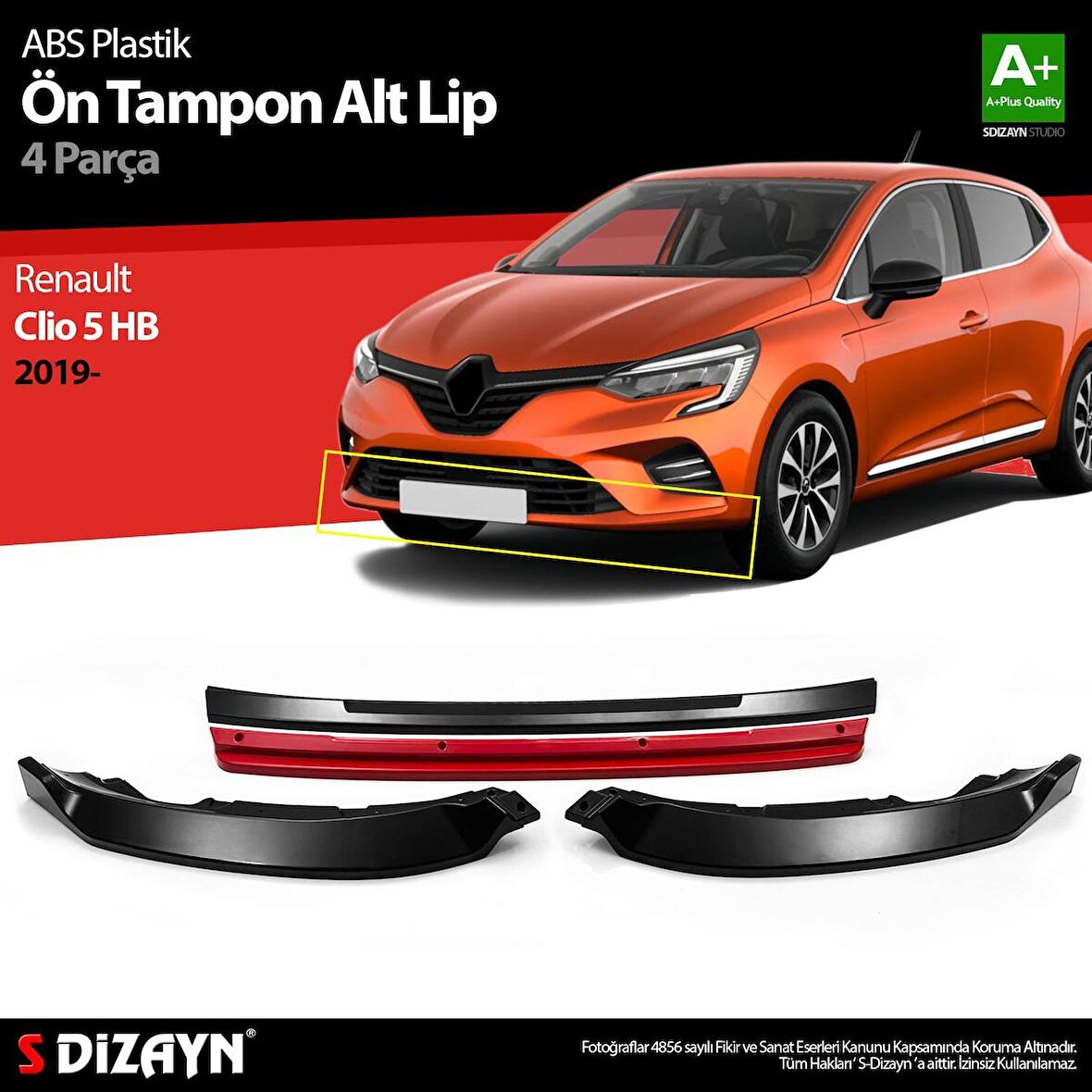 Renault Clio 5 HB ABS Plastik Ön Tampon Alt Lip Kırmızı Ekli 4 Prç. 2019 Üzeri A+Kalite