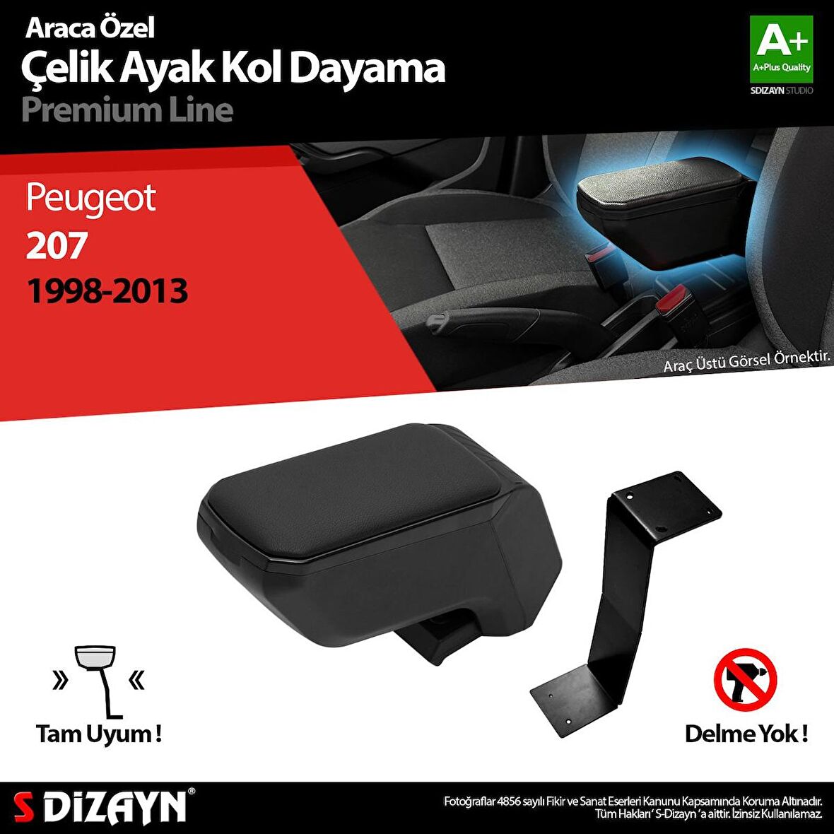 Peugeot 207 Kol Dayama Kolçak Çelik Ayaklı ABS Siyah 2006-2012 A+Kalite