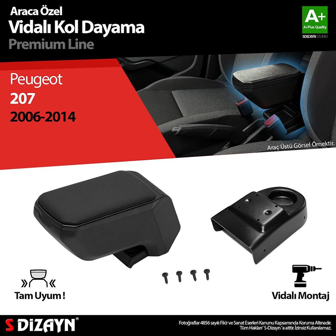 Peugeot 207 ABS Vidalı Kol Dayama Kolçak Siyah 2006-2014 A+Kalite