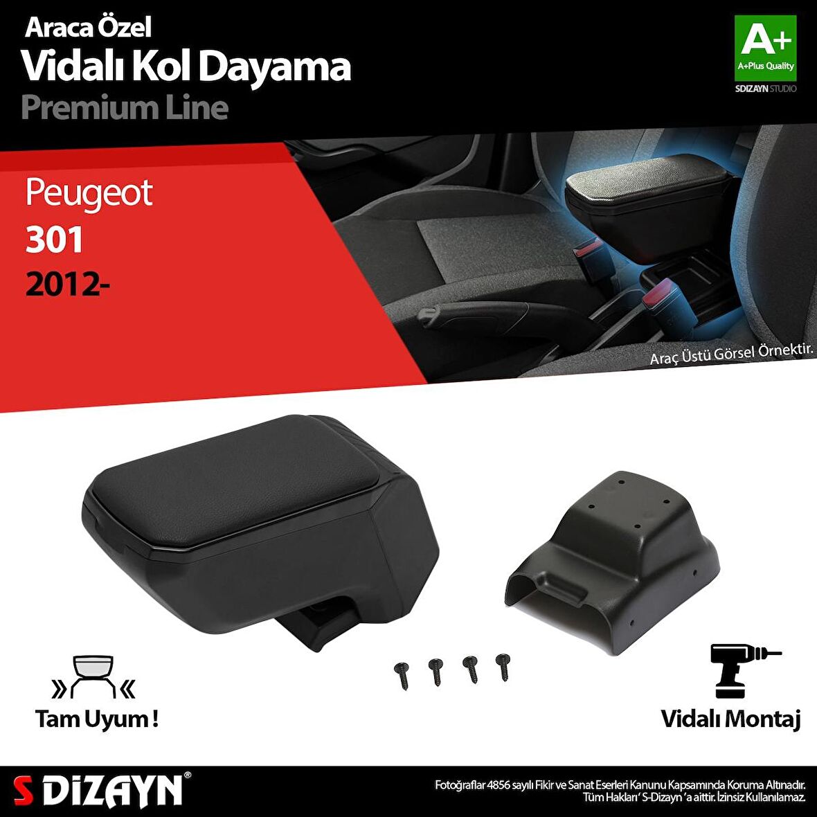 Peugeot 301 ABS Vidalı Kol Dayama Kolçak Siyah 2012 Üzeri A+Kalite