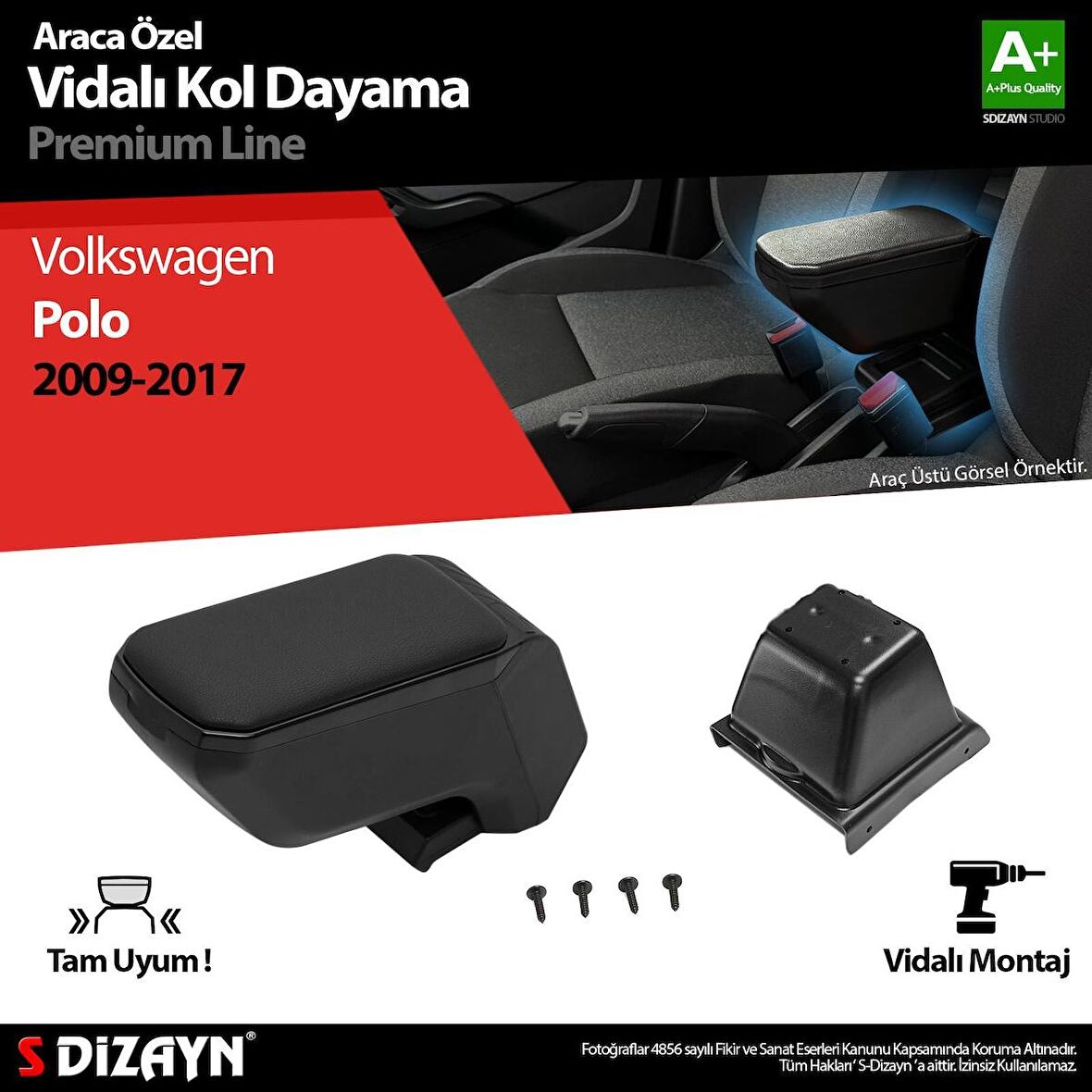 Volkswagen Polo 5 ABS Vidalı Kol Dayama Kolçak Siyah 2009-2017 A+Kalite