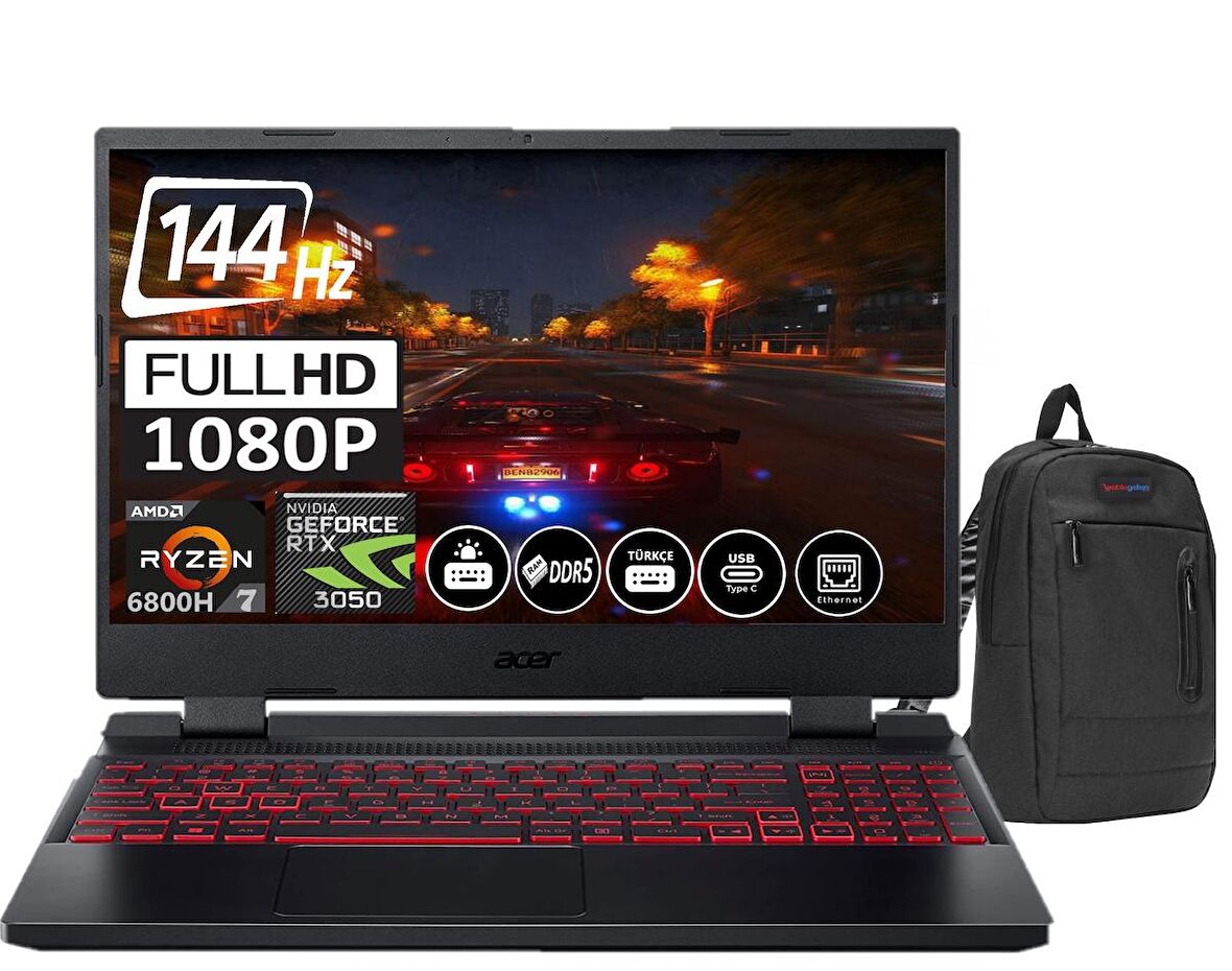 ACER Nitro 5 AN515-46 AMD Ryzen7-6800H 16gb DDR5 Ram 512gb SSD 4GB Geforce RTX3050 15.6 Inç FHD 144 Hz Windows11Pro Taşınabilir Bilgisayar NHQGXEY00319+ZettaÇanta