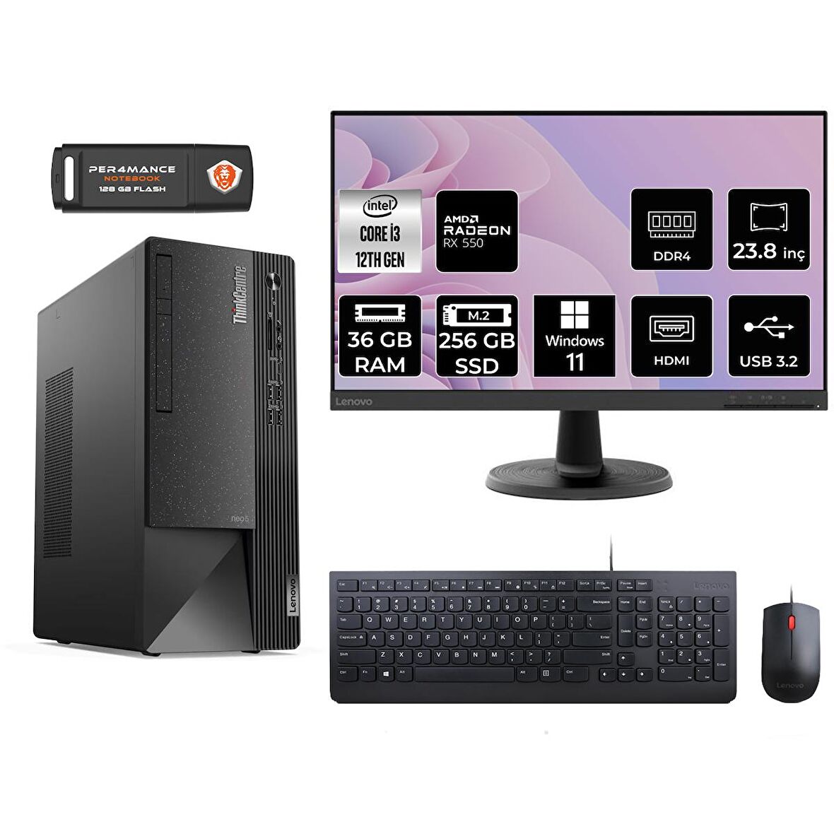 Lenovo ThinkCentre Neo 50T i3 12100 36GB 256GB SSD RX550/4GB W11P 11SC001ATX MASAÜSTÜ PC & 23.8" MONİTÖR