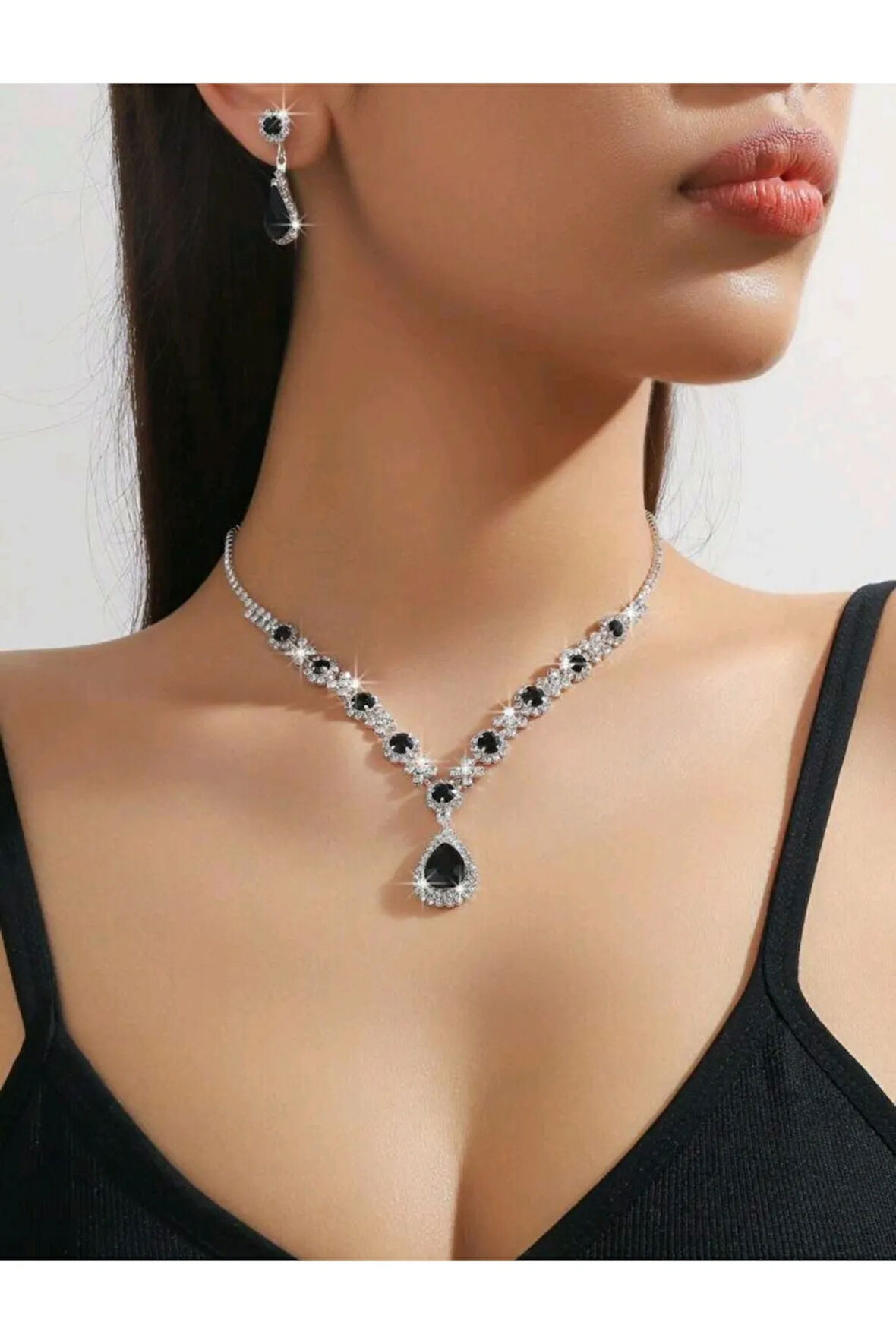 Gümüş Kaplama Gece Damla Taşlı Kolye,küpe Seti 2'lü Set Davet Düğün Nişan Abiye