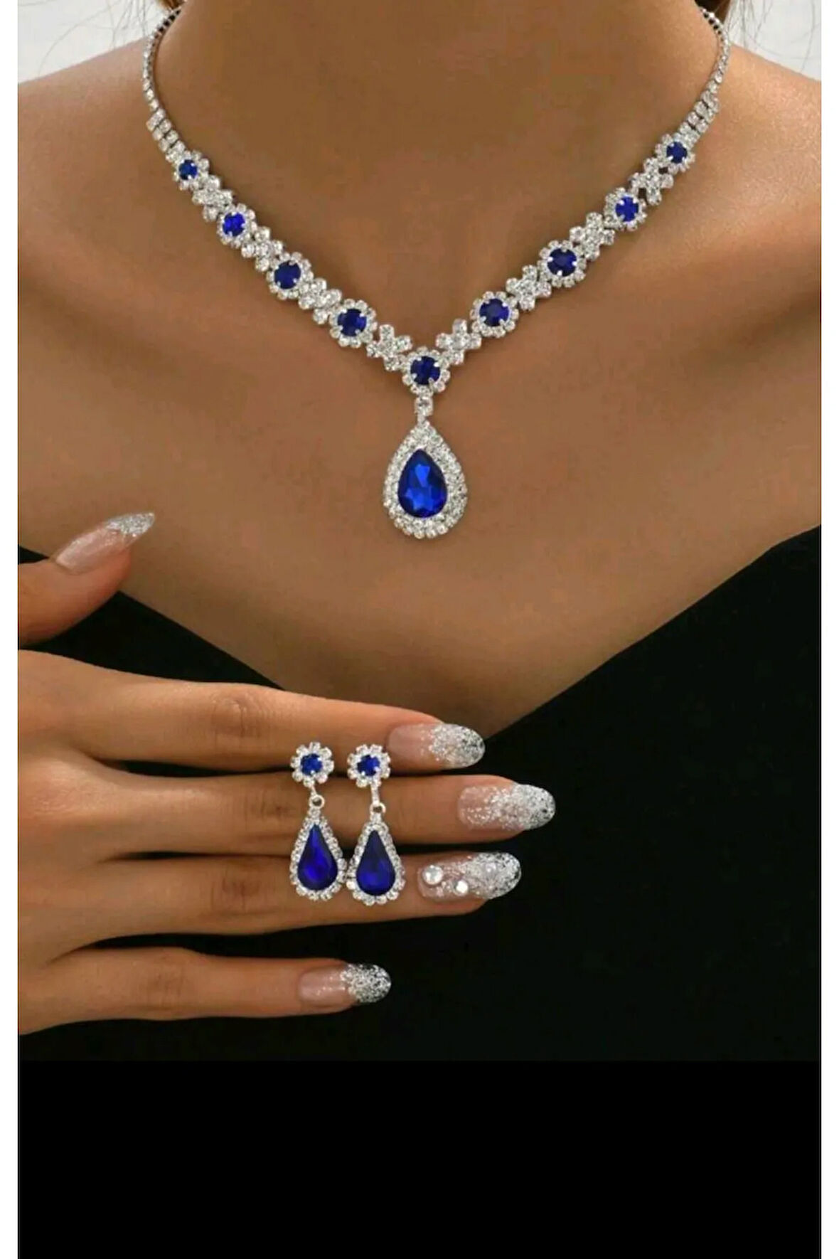 Gümüş Kaplama Deniz Mavisi Kolye,küpe Seti 2'lü Set Davet Düğün Nişan Abiye