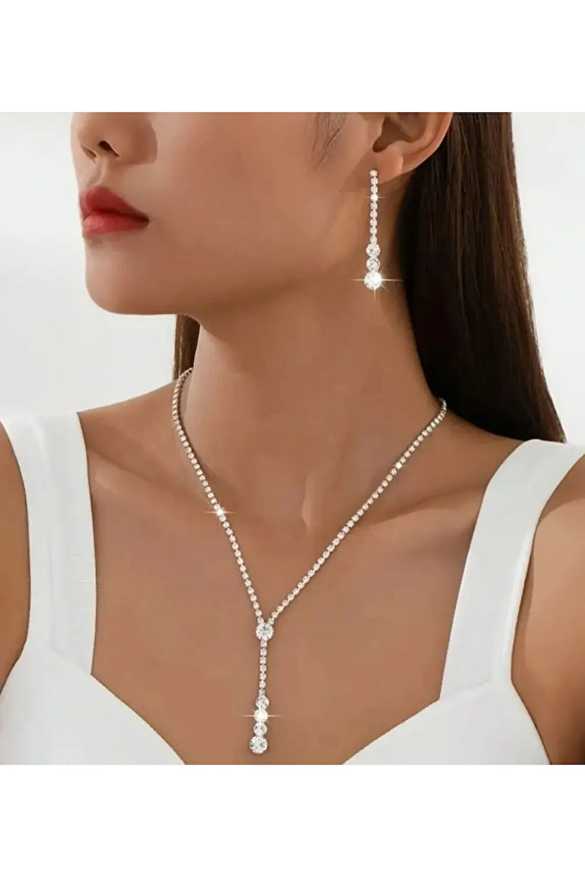 Gümüş Kaplama Defne Damla Kolye,küpe Seti 2'lü Set Davet Düğün Nişan Abiye