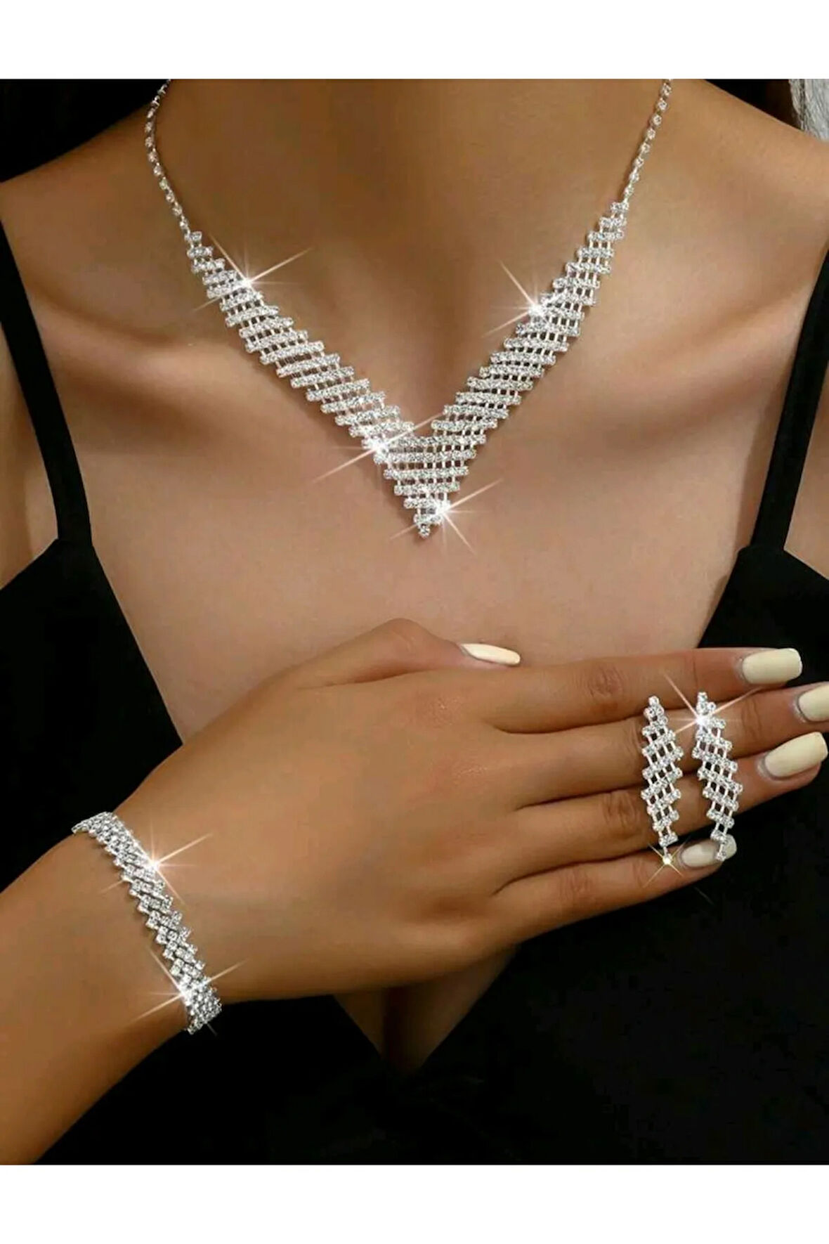 Gümüş Kaplama Çiçek Damla Taşlı Kolye,küpe Ve Bileklik Seti 3'lü Set Davet Düğün Nişan Abiye