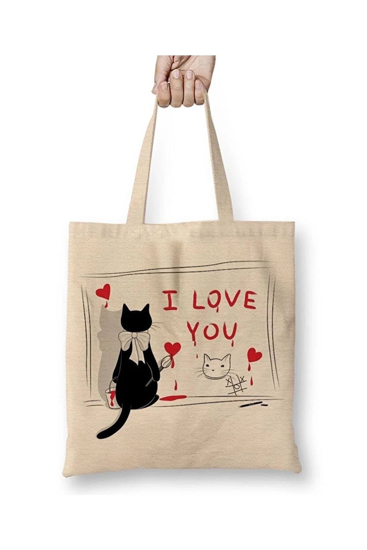 Kedi Cat Love Sevgili Beyaz Bez Çanta Uzun Saplı Alışveriş Çantası Plaj Çantası