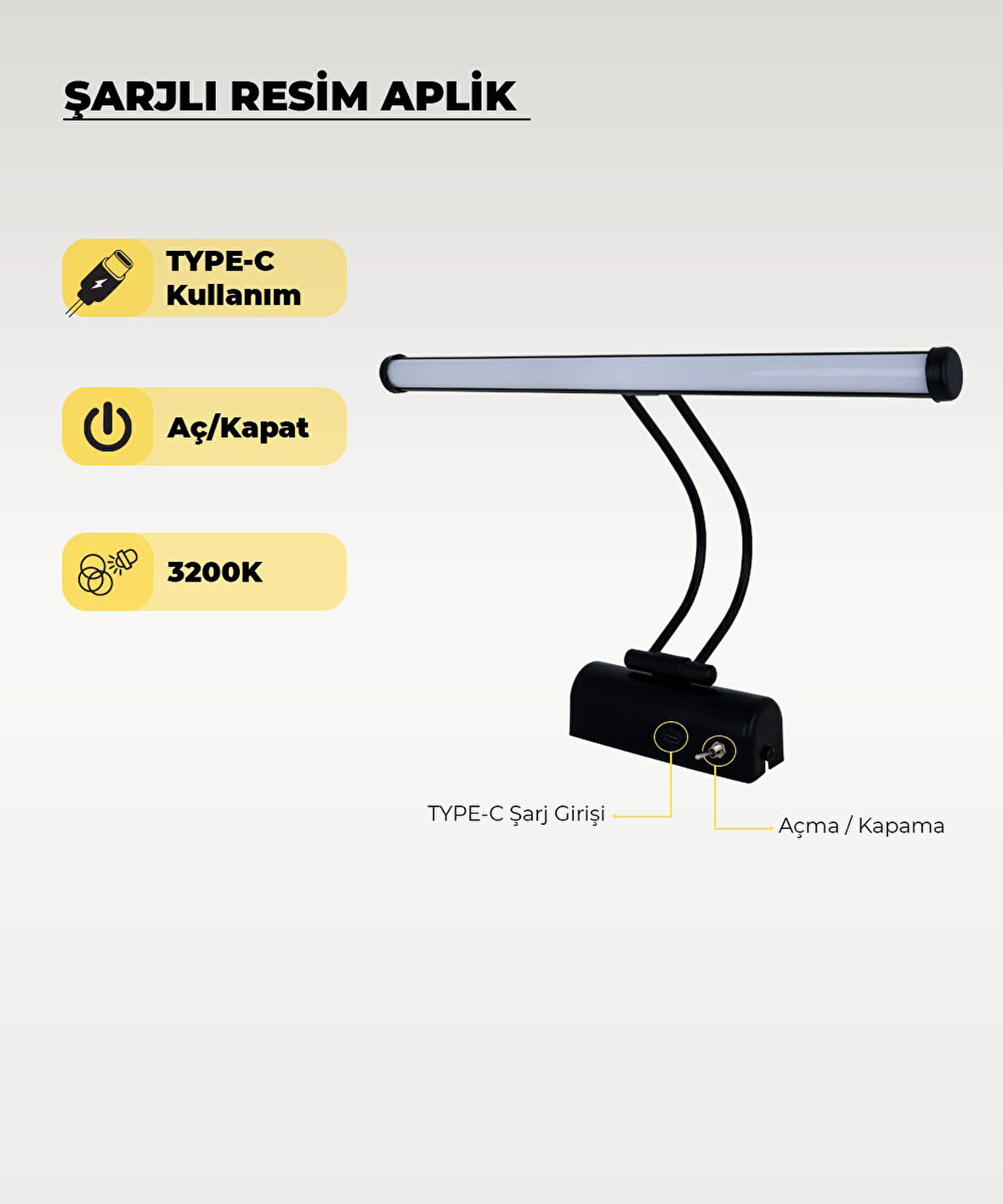Şarjlı Siyah Flüt Aplik 3200K Sarı Işık – Elektrik Gerektirmez