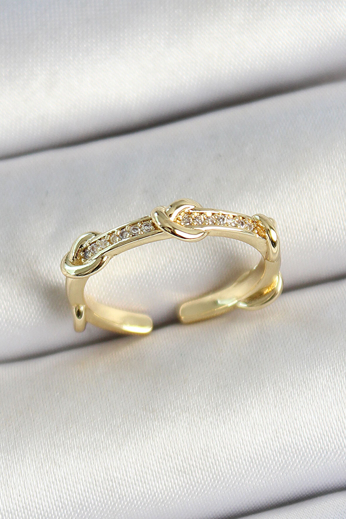 Pirinç Düğüm Figürlü Zirkon Taşlı Gold Renk Ayarlanabilir Kadın Yüzük - TJ-BYK3776