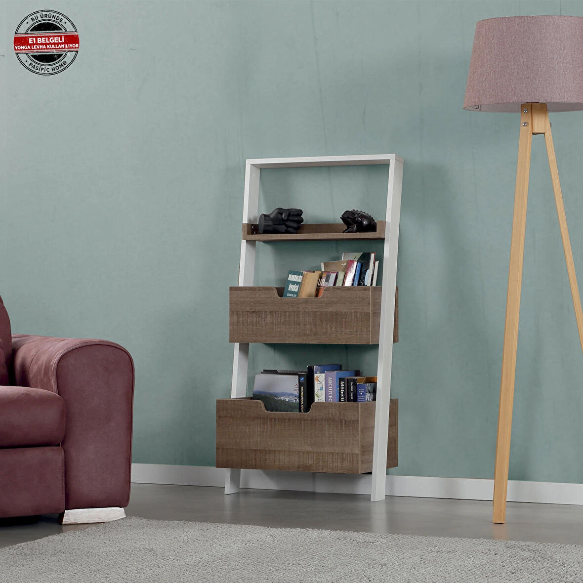 Pasific Home Low Çok Amaçlı Dekoratif Kitaplık ,Koyu Meşe & Beyaz, Montessori Dolap