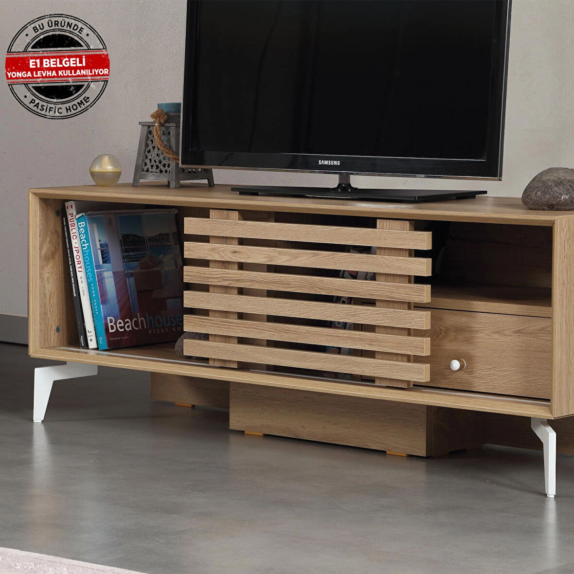 Pasific Home Lulu Metal Ayaklı Sürgülü Tv Ünitesi, 125 Cm, Meşe