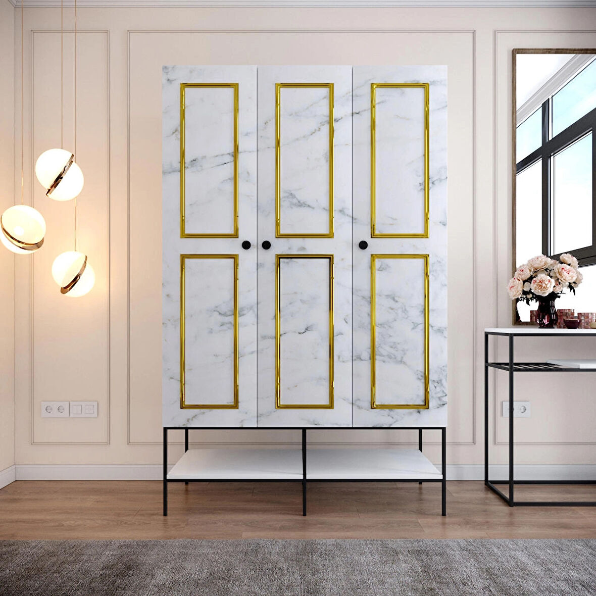 Pasific Home Martin 3 Kapaklı Gardırop Elbise Dolabı, Beyaz& Beyaz Mermer