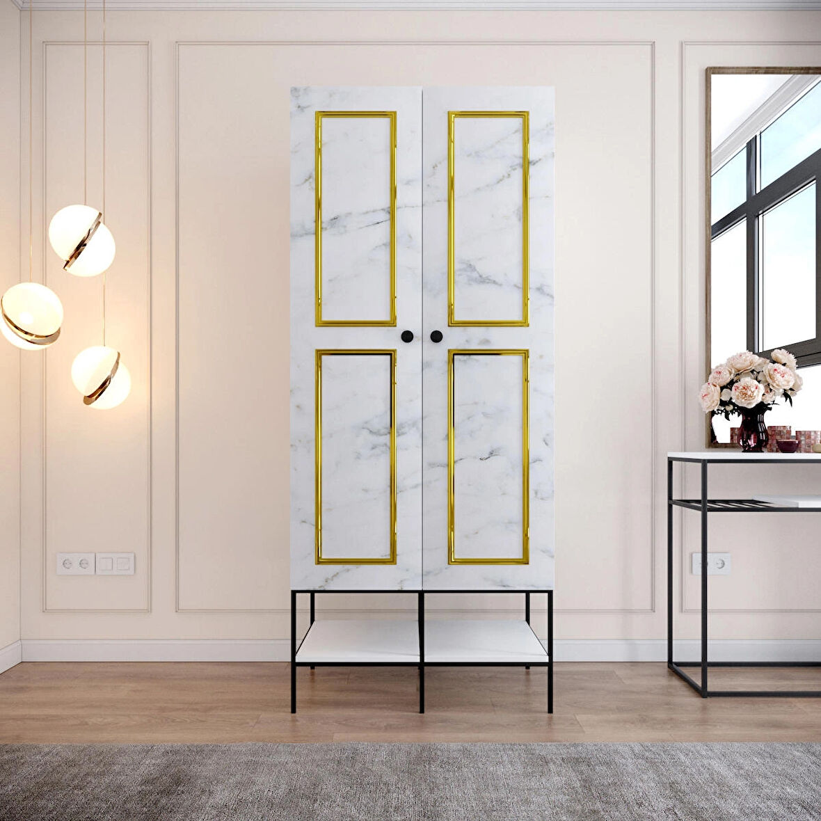 Pasific Home Martin 2 Kapaklı Gardırop Elbise Dolabı, Beyaz&Beyaz Mermer