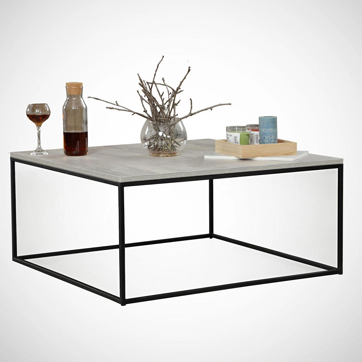Pasific Home Poly Metal Orta Sehpa, Kare Orta Sehpa, Beyaz Meşe
