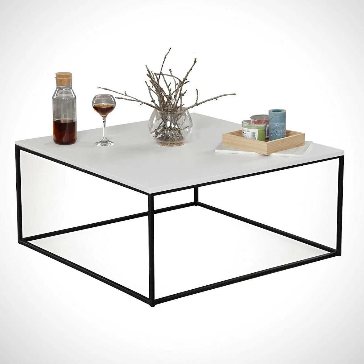 Pasific Home Poly Metal Orta Sehpa, Kare Orta Sehpa, Ahşap Beyaz