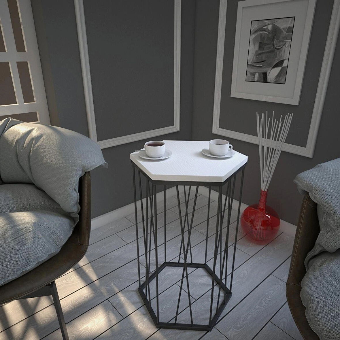 Pasific Home Cetrus Yan Sehpa, Metal Servis Sehpası, Ahşap Beyaz