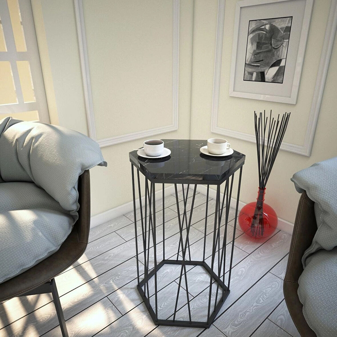 Pasific Home Cetrus Yan Sehpa, Metal Servis Sehpası, Siyah Mermer