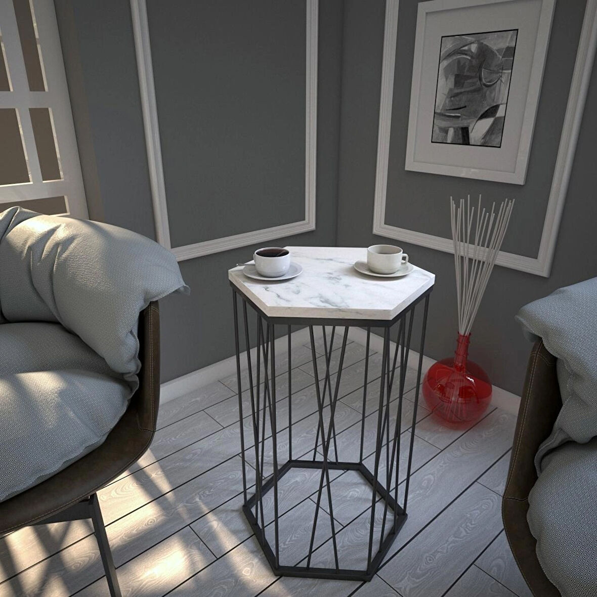 Pasific Home Cetrus Yan Sehpa, Metal Servis Sehpası, Beyaz Mermer