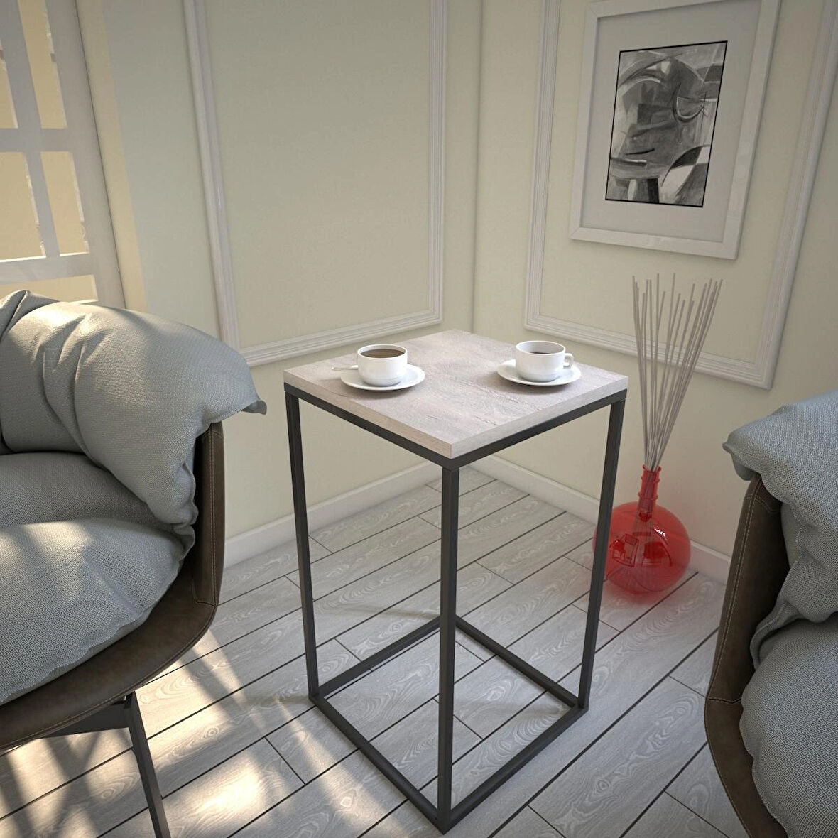 Pasific Home Pure Yan Sehpa, Metal Yan Sehpa ,Beyaz Meşe