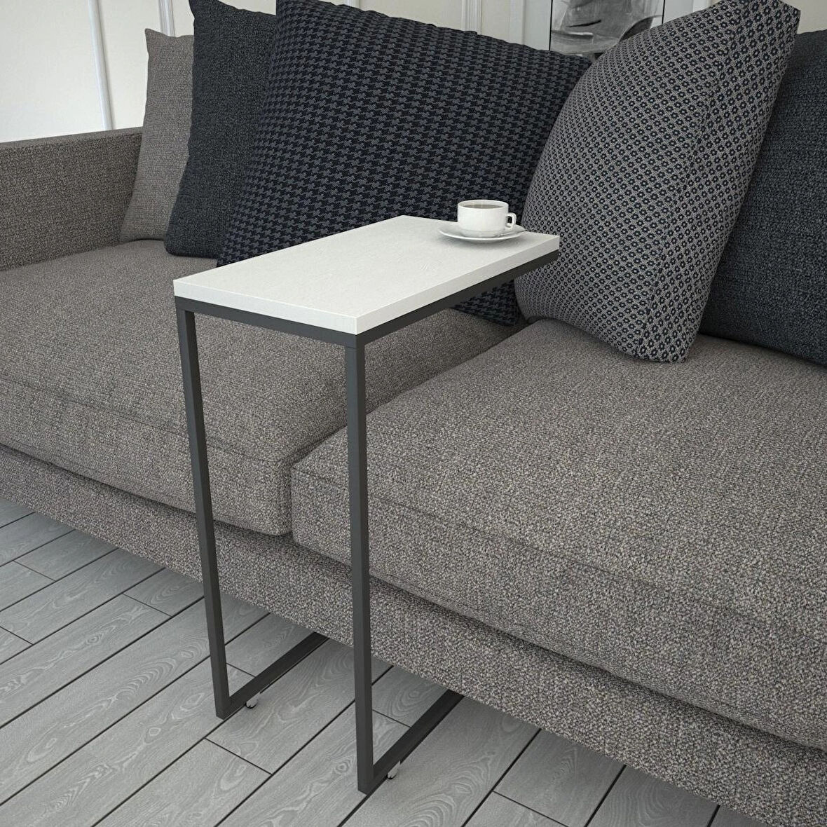 Pasific Home Callen Yan Sehpa, Metal Tekerlekli Yan Sehpa ,Ahşap Beyaz