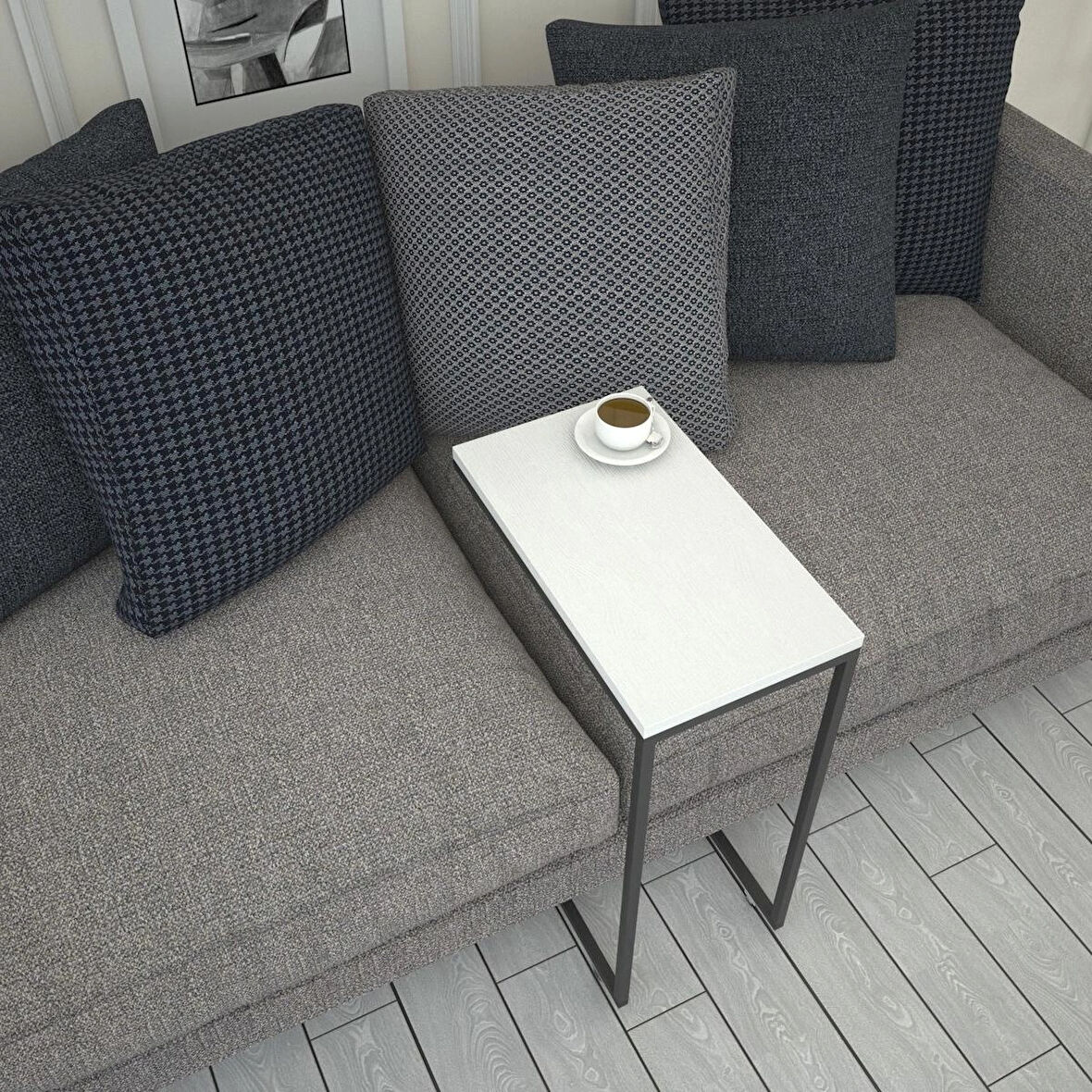 Pasific Home Callen Yan Sehpa, Metal Tekerlekli Yan Sehpa ,Beyaz Meşe