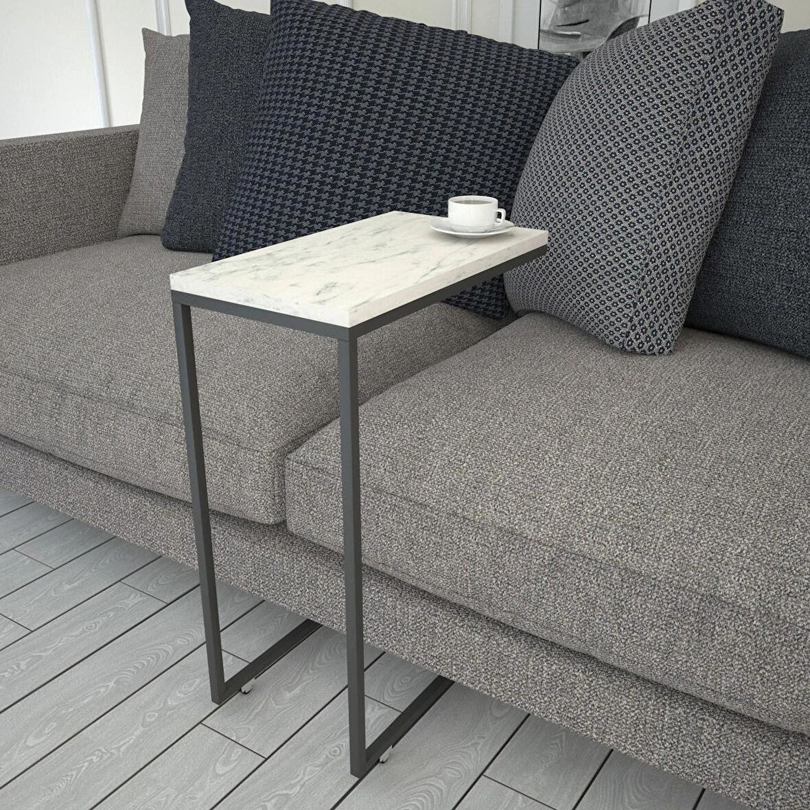 Pasific Home Callen Yan Sehpa, Metal Tekerlekli Yan Sehpa ,Beyaz Mermer