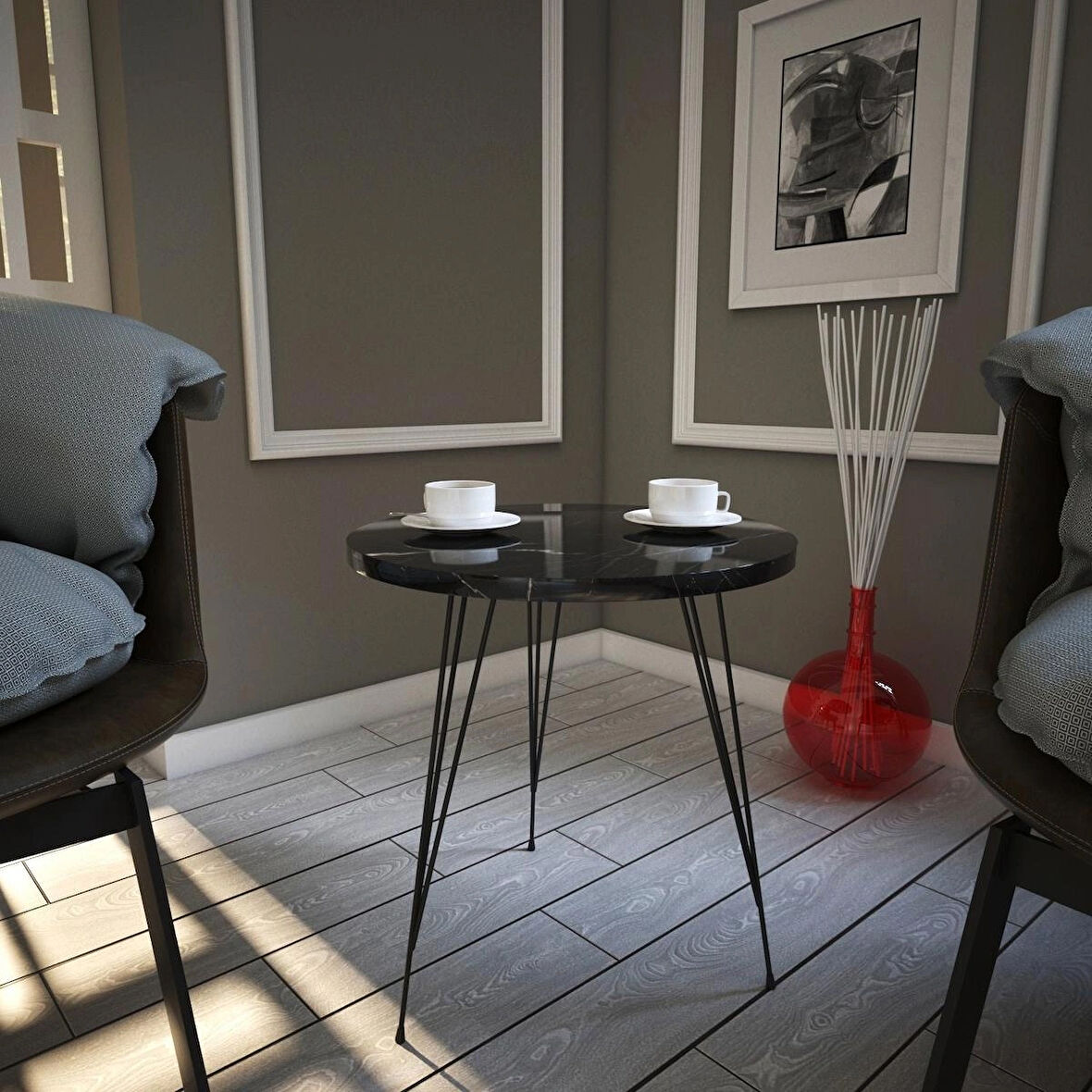 Pasific Home Sandalf Yan Sehpa, Metal Ayaklı, Siyah Mermer