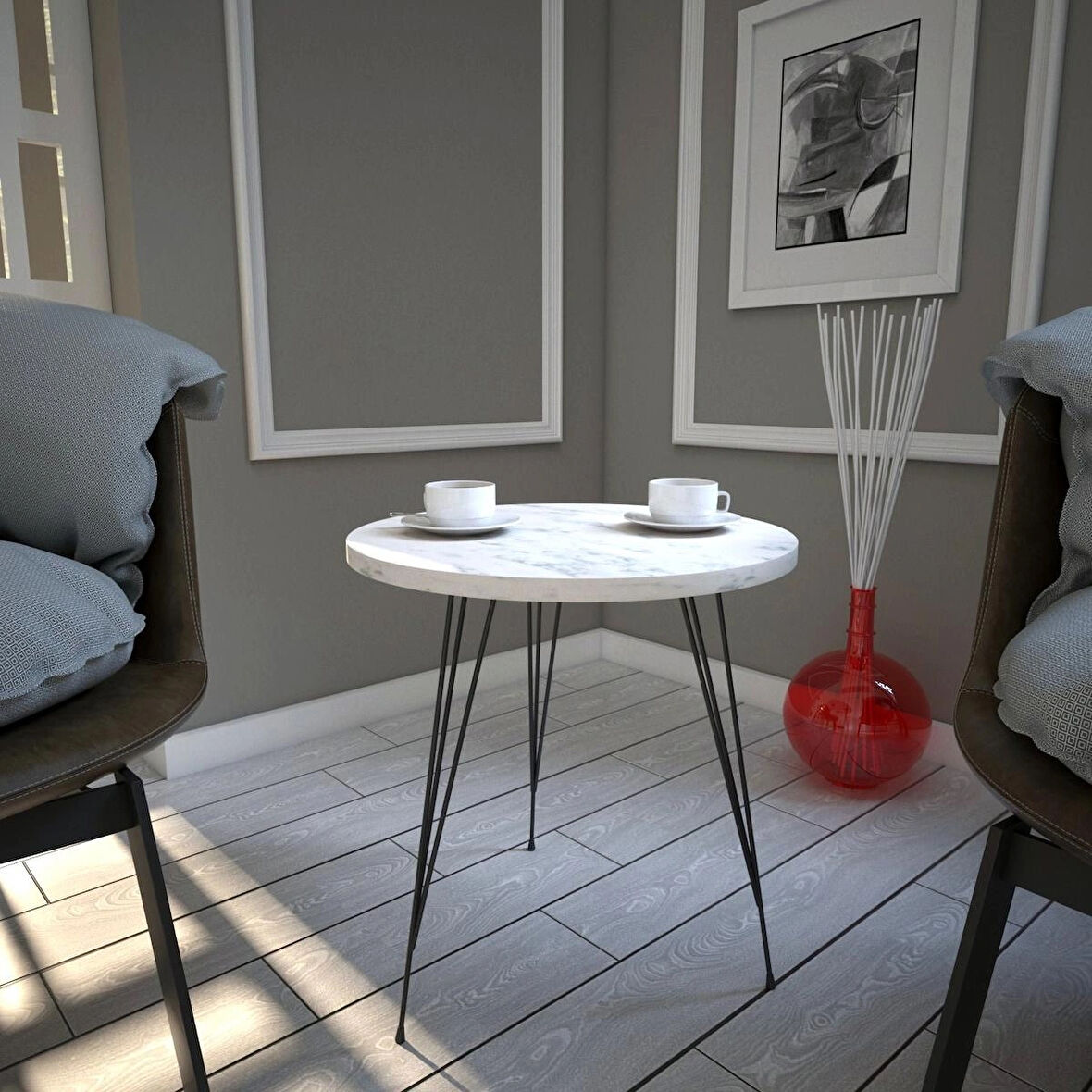 Pasific Home Sandalf Yan Sehpa, Metal Ayaklı, Beyaz Mermer