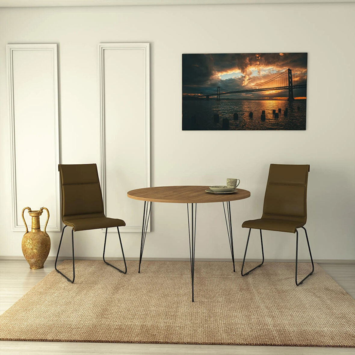 Pasific Home Sandalf Metal Ayaklı Yuvarlak Mutfak Masası, Koyu Meşe