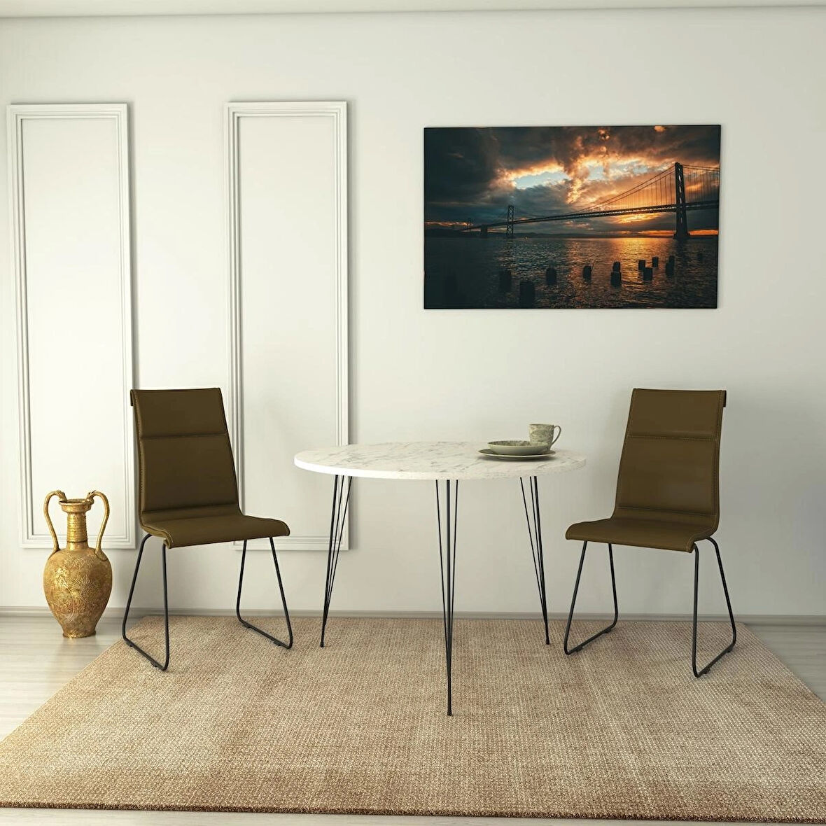 Pasific Home Sandalf Metal Ayaklı Yuvarlak Mutfak Masası, Beyaz Mermer