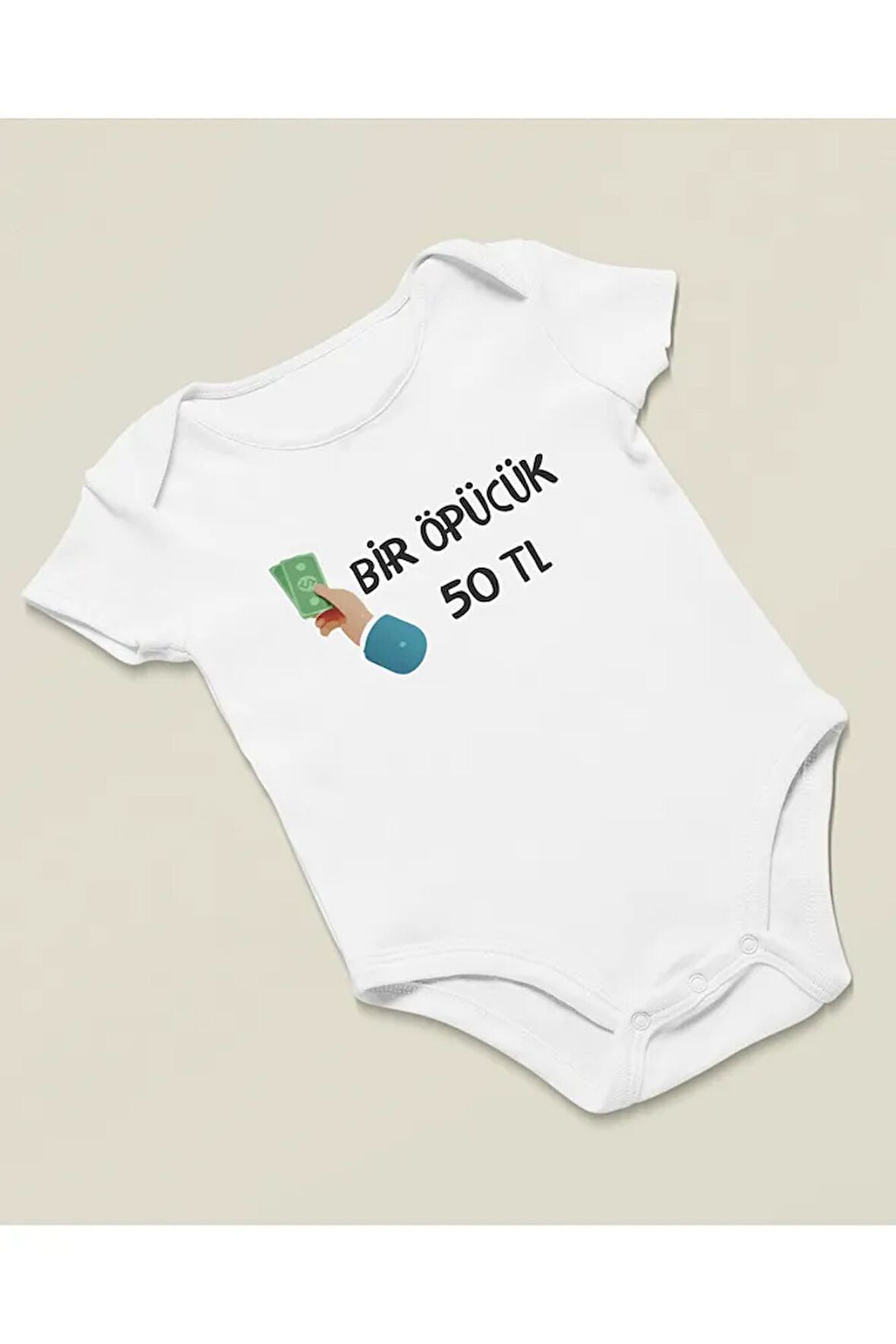 Bir Öpücük 50 TL Yazılı Pamuklu Yumuşak Unisex Çıtçıtlı Body Zıbın