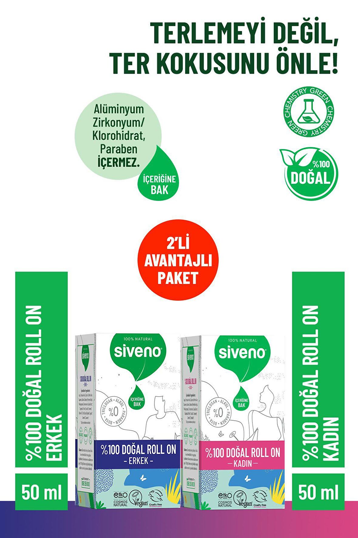 Siveno %100 Doğal Roll On Kadın & Erkek Deodorant Ter Kokusu Önleyici Bitkisel Lekesiz Vegan 50 ml Set