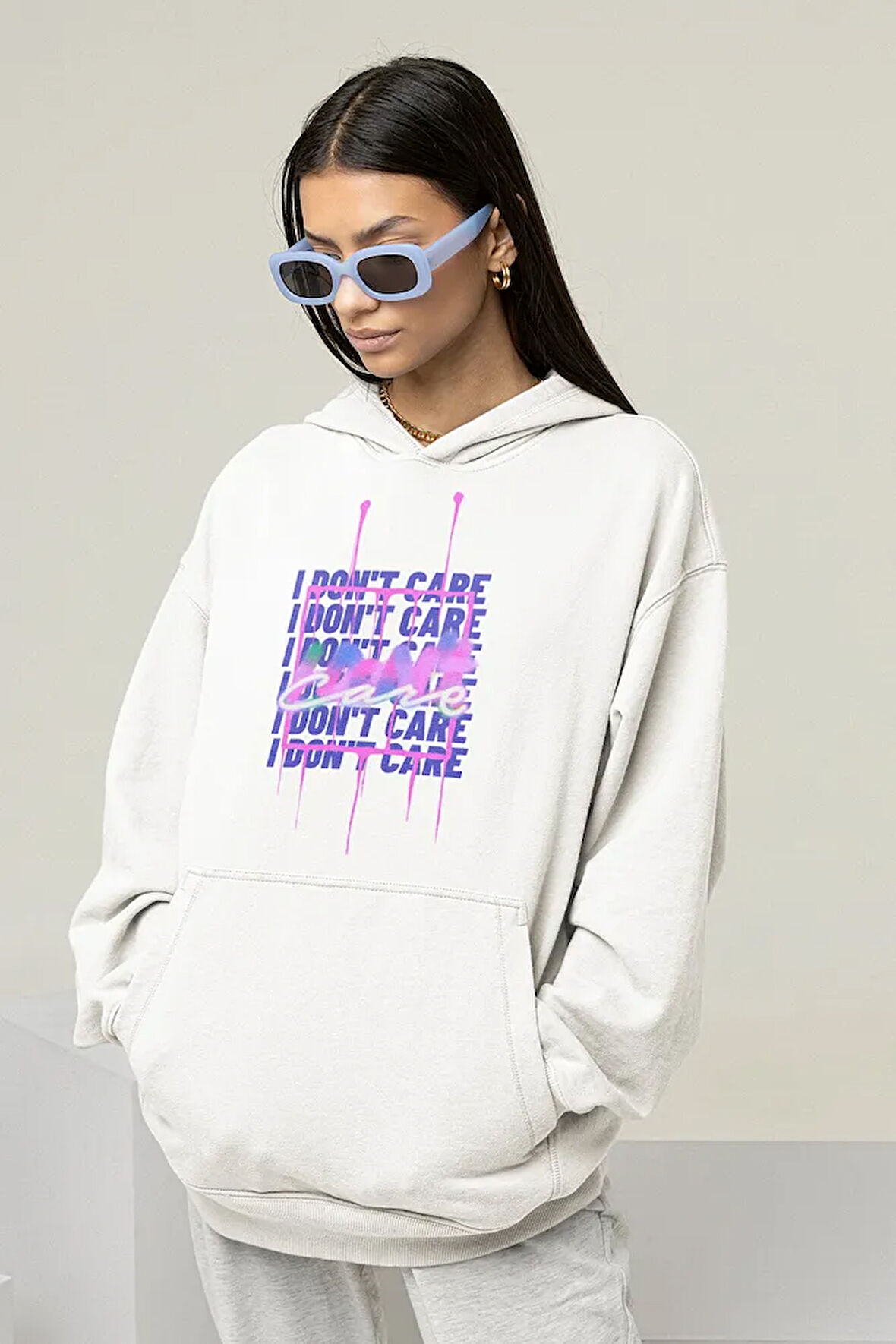 I Dont Care Yazılı Unisex Oversize Tasarım Hoodie