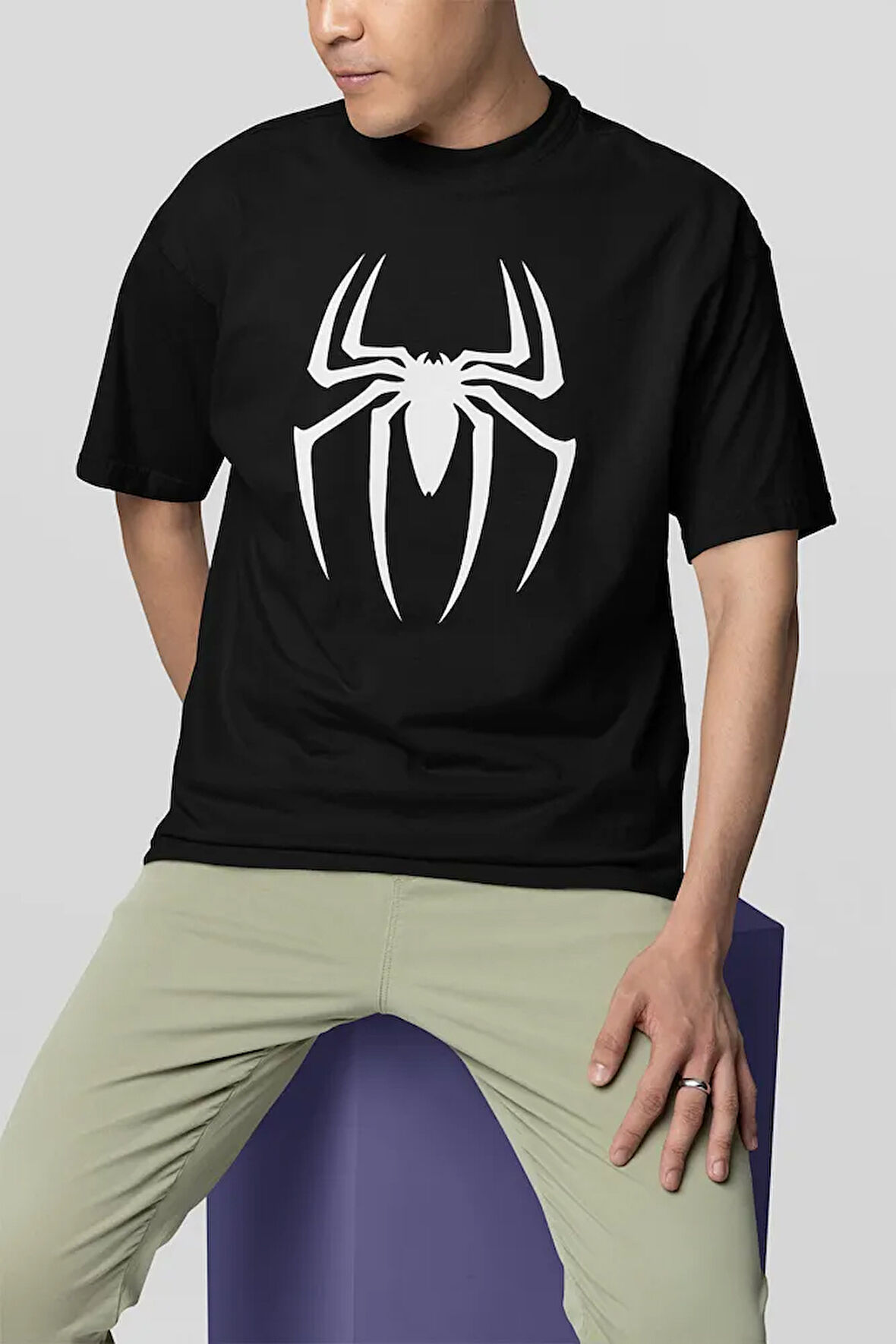 Spider-Man Logo Baskılı Tişört, Oversize Marvel Tişört