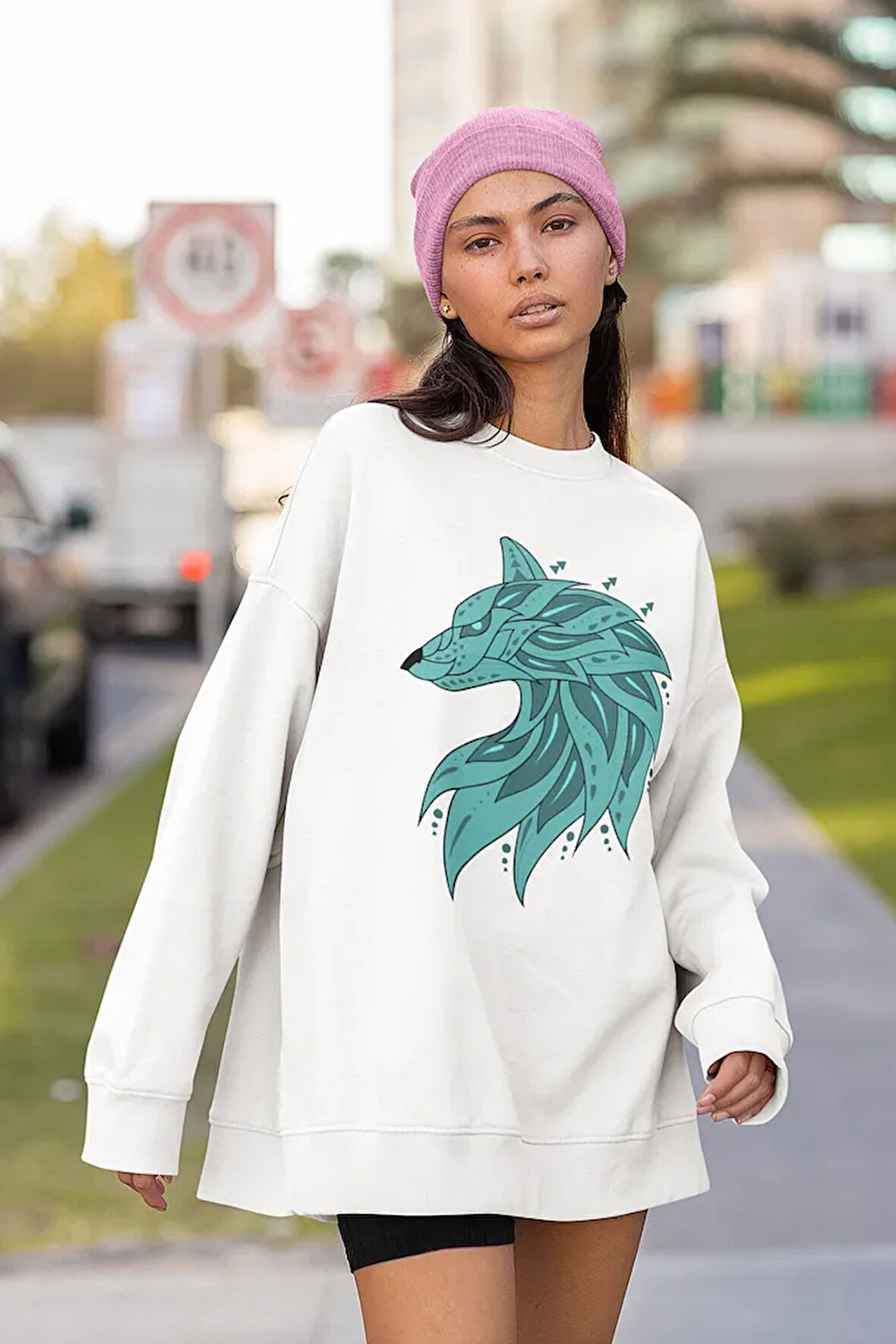 Tasarım Kurt Baskılı Unisex Oversize Sweatshirt