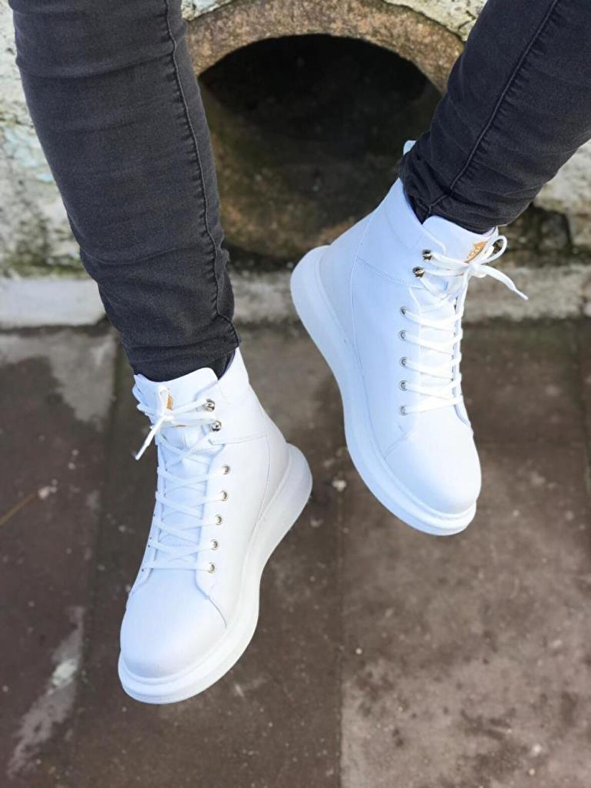 Bpm B 080 Yuvarlak Burun Orta Topuk Bağcıklı Nefes Alan Günlük Beyaz Klasik Bot Deri