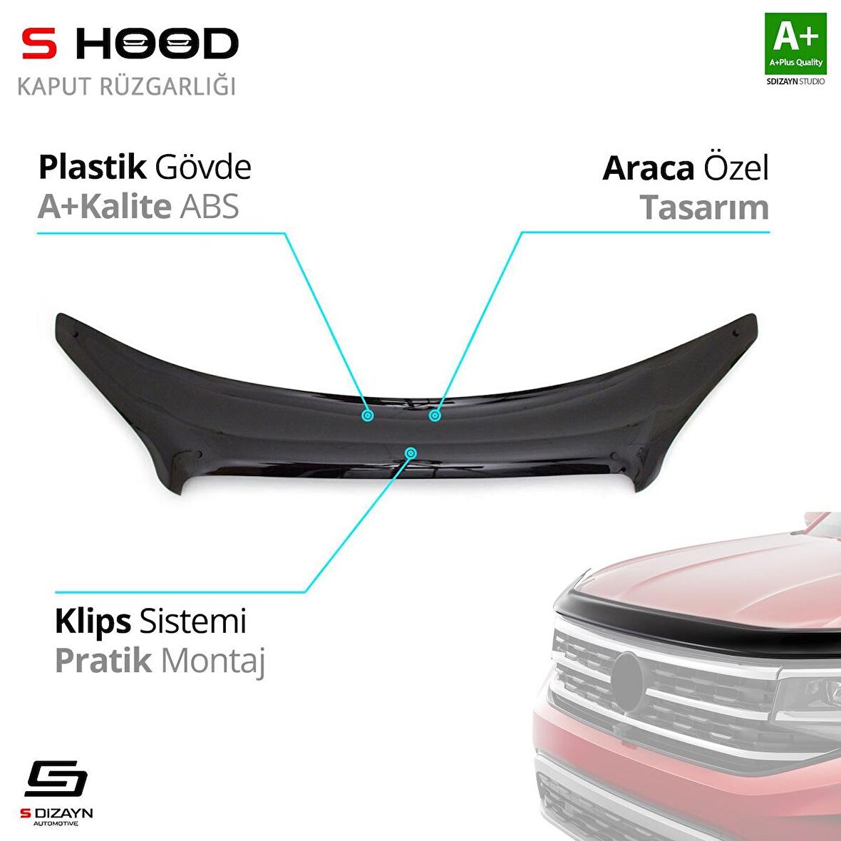 S-Dizayn Fiat Doblo ABS Plastik Kaput Rüzgarlığı 2006-2011 A+Kalite