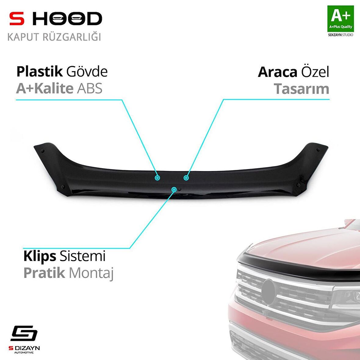 S-Dizayn Ford Kuga ABS Plastik Kaput Rüzgarlığı 2017 Üzeri A+Kalite