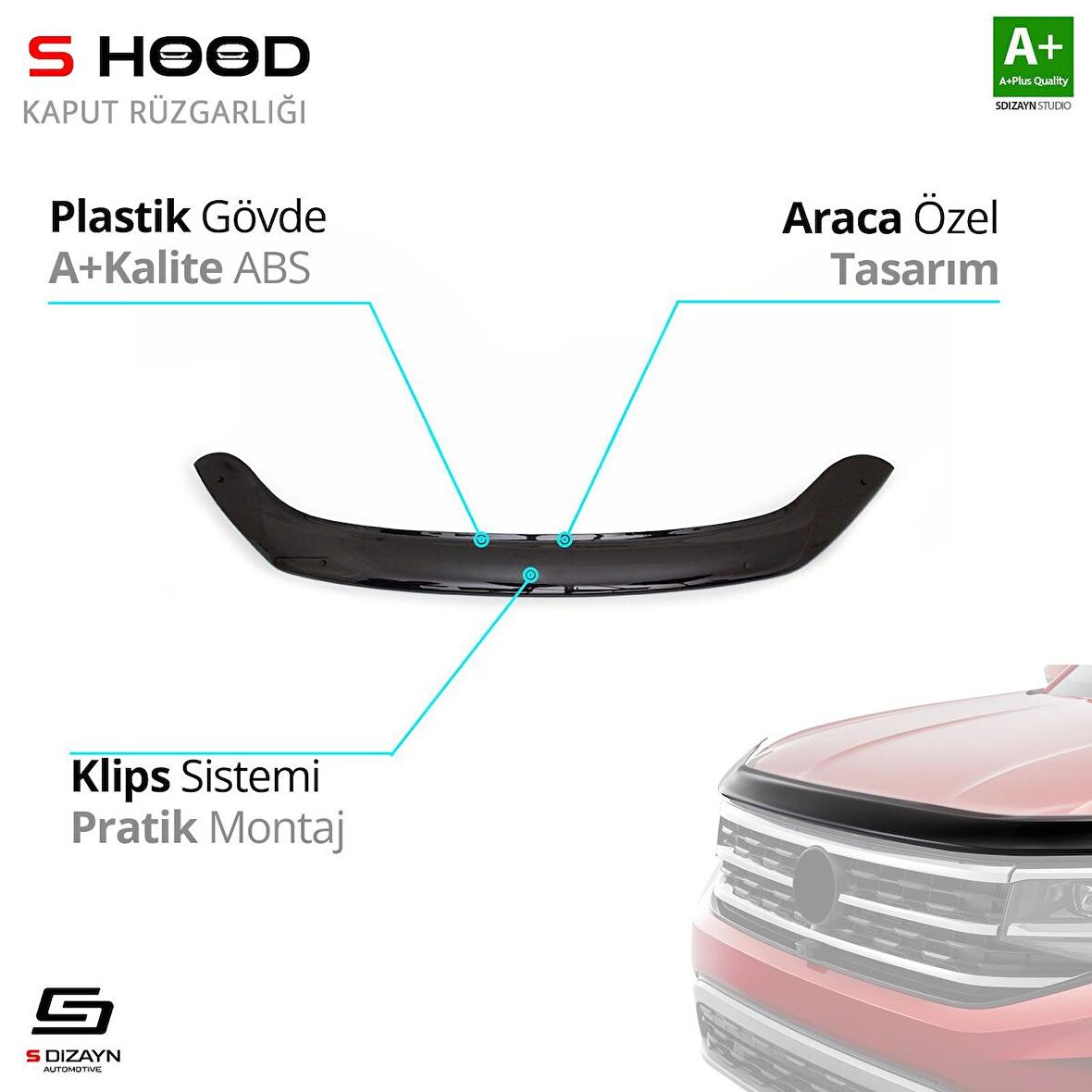 S-Dizayn Volkswagen Caddy ABS Plastik Kaput Rüzgarlığı 2015-2020 A+Kalite