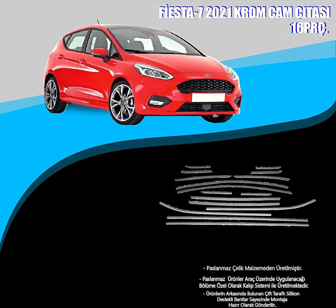 Ford Fiesta 2021 Sonrası Uyumlu Krom Cam Çerçevesi 16 Parça