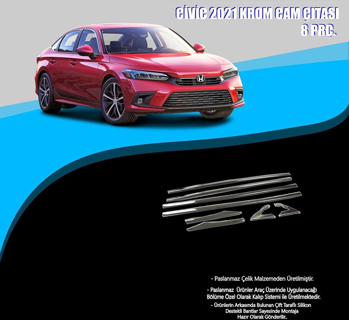 Honda Civic 2021 Model Krom Cam Çerçevesi 8 Parça