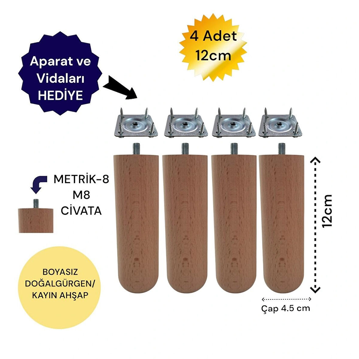 4'lü 12 cm Oval Ahşap Ayak Bohem Tarz Koltuk Ayağı Baza Ayağı Tv Ünitesi Ayağı 3301000000887