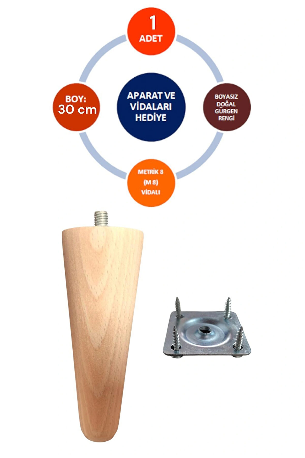 30 cm Ahşap Ayak Konik Koltuk Ayağı -Baza-Sehpa-Mobilya Ayağı- Çap:4,6 Cm 3301000000494