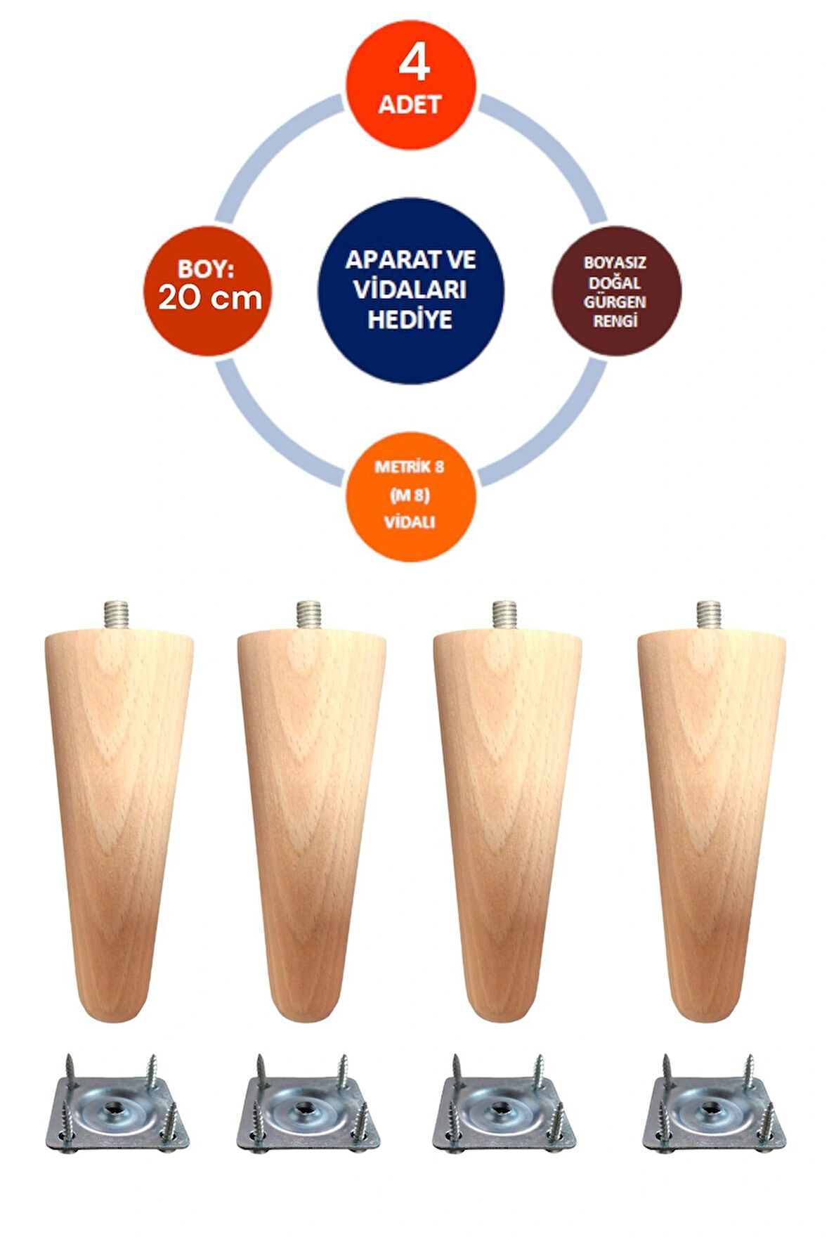 4'lü 20 cm Ahşap Ayak Konik Koltuk Ayağı -Baza-Sehpa-Mobilya Ayağı- Çap:4,6 Cm 3301000000502