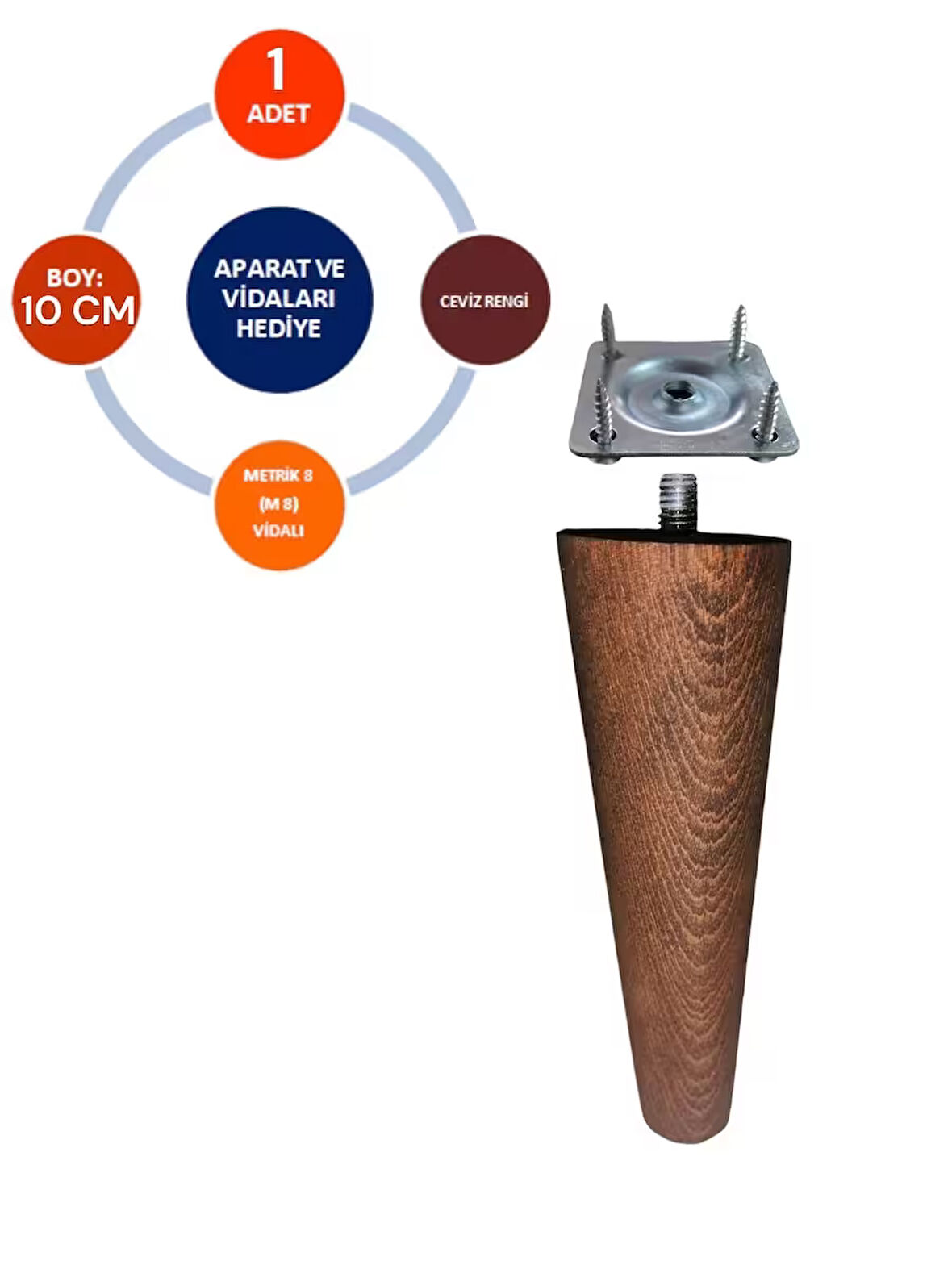 10 cm Ceviz Renk Ahşap Ayak Konik Koltuk Ayağı -Baza-Sehpa-Mobilya Ayağı- Çap:4,6 Cm 3301000000891