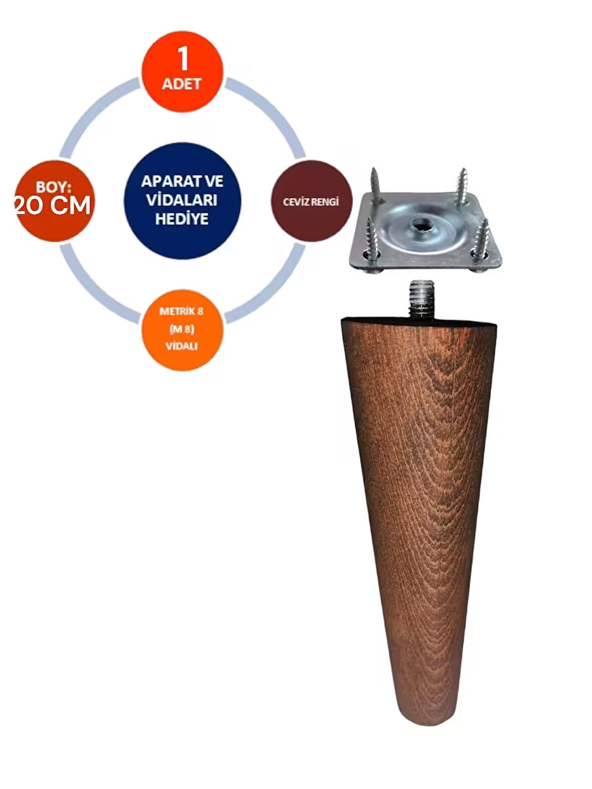 20 cm Ceviz Renk Ahşap Ayak Konik Koltuk Ayağı -Baza-Sehpa-Mobilya Ayağı- Çap:4,6 Cm 3301000000895