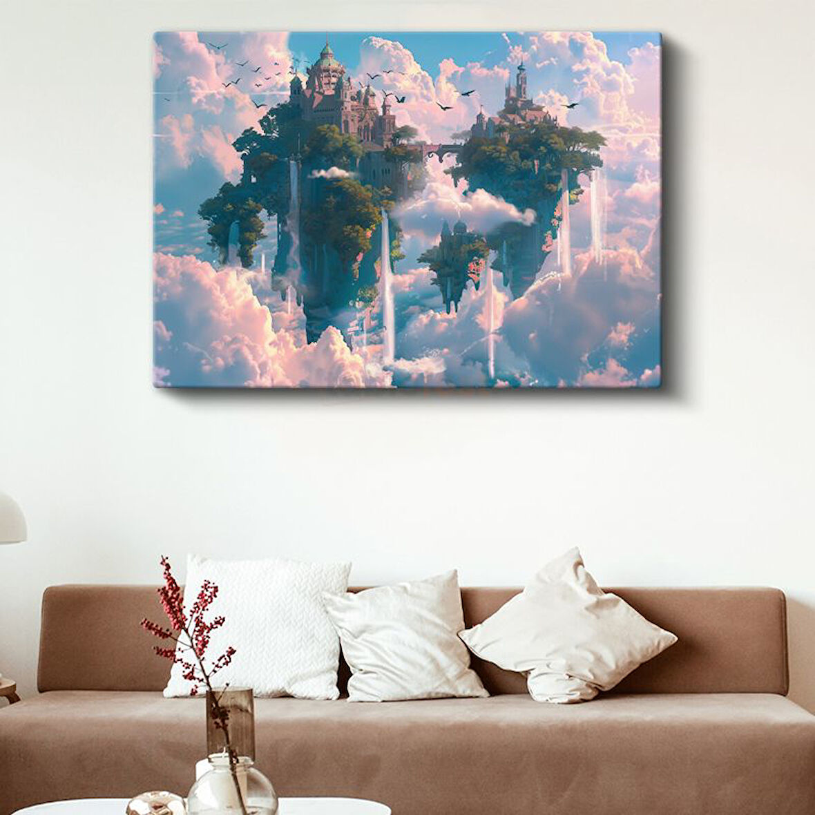 Yüzen Saraylar - Pembe Bulutlar Anime Kanvas Tablo
