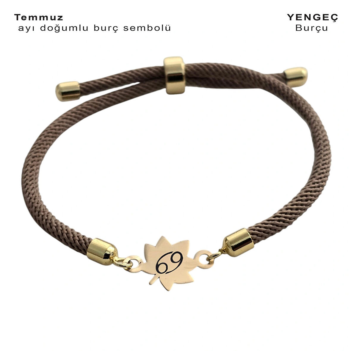 Temmuz Ayı Doğumlarına Özel Yaprak Figürlü 14 Ayar Altın Plakalı Örgülü Bileklik-331ay-kahverengi